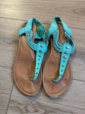 BAMBOO Turquoise Beaded T-Strap Sandals